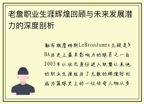 老詹职业生涯辉煌回顾与未来发展潜力的深度剖析