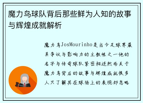 魔力鸟球队背后那些鲜为人知的故事与辉煌成就解析
